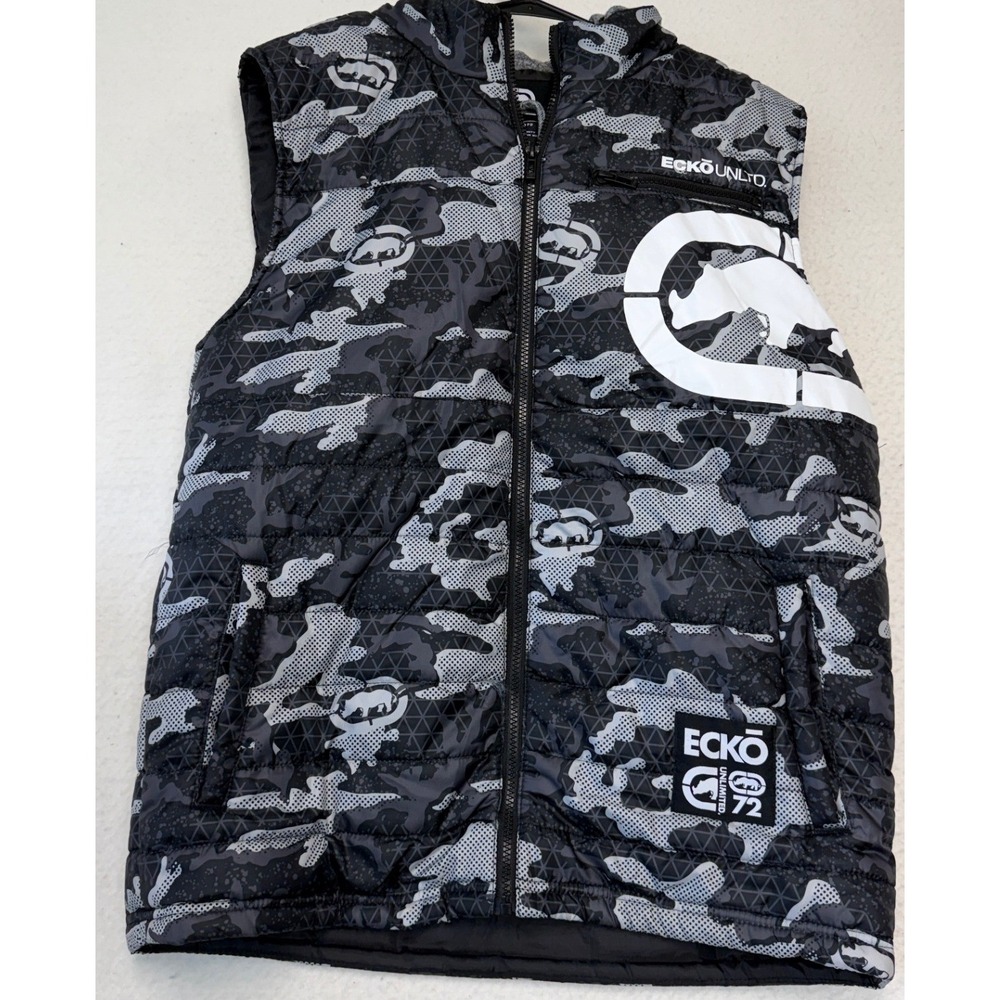 Ecko Unltd Mens Camo Puffer Vest Hooded Black Grey Rhino Logo Streetwear Size M